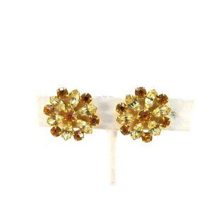 Vintage Signed B David Rhinestone Floral Screw Back Earrings